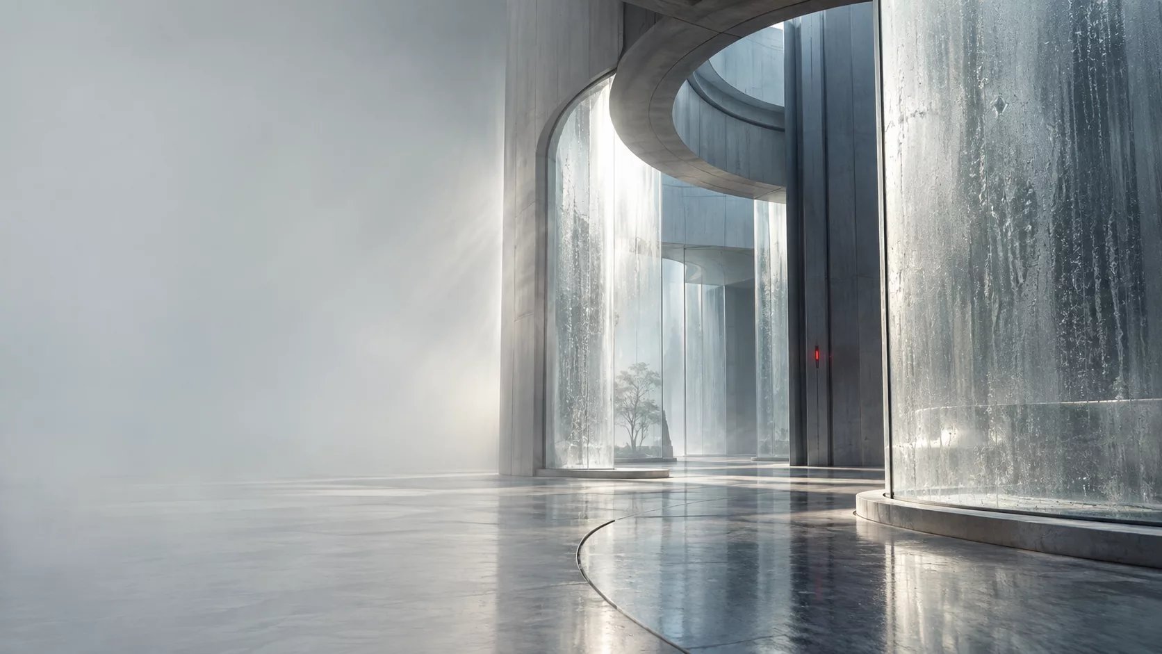 Una galería de vidrio curvo, luz blanca y materiales futuristas: interpretación visual del Arca Petram